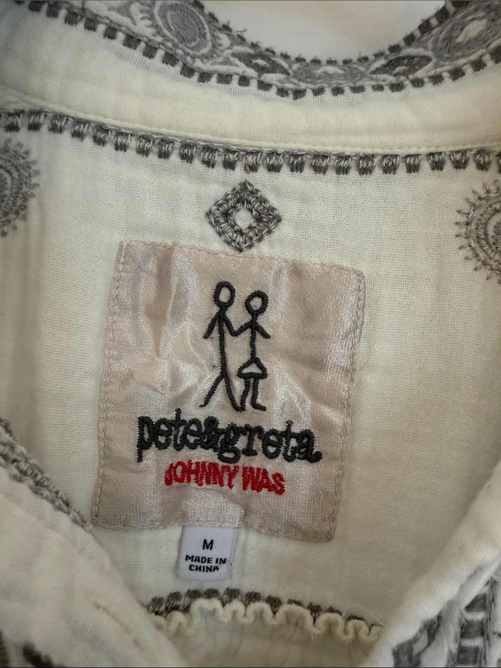 Johnny Was beautifully embroidered grey and white button down- Medium
